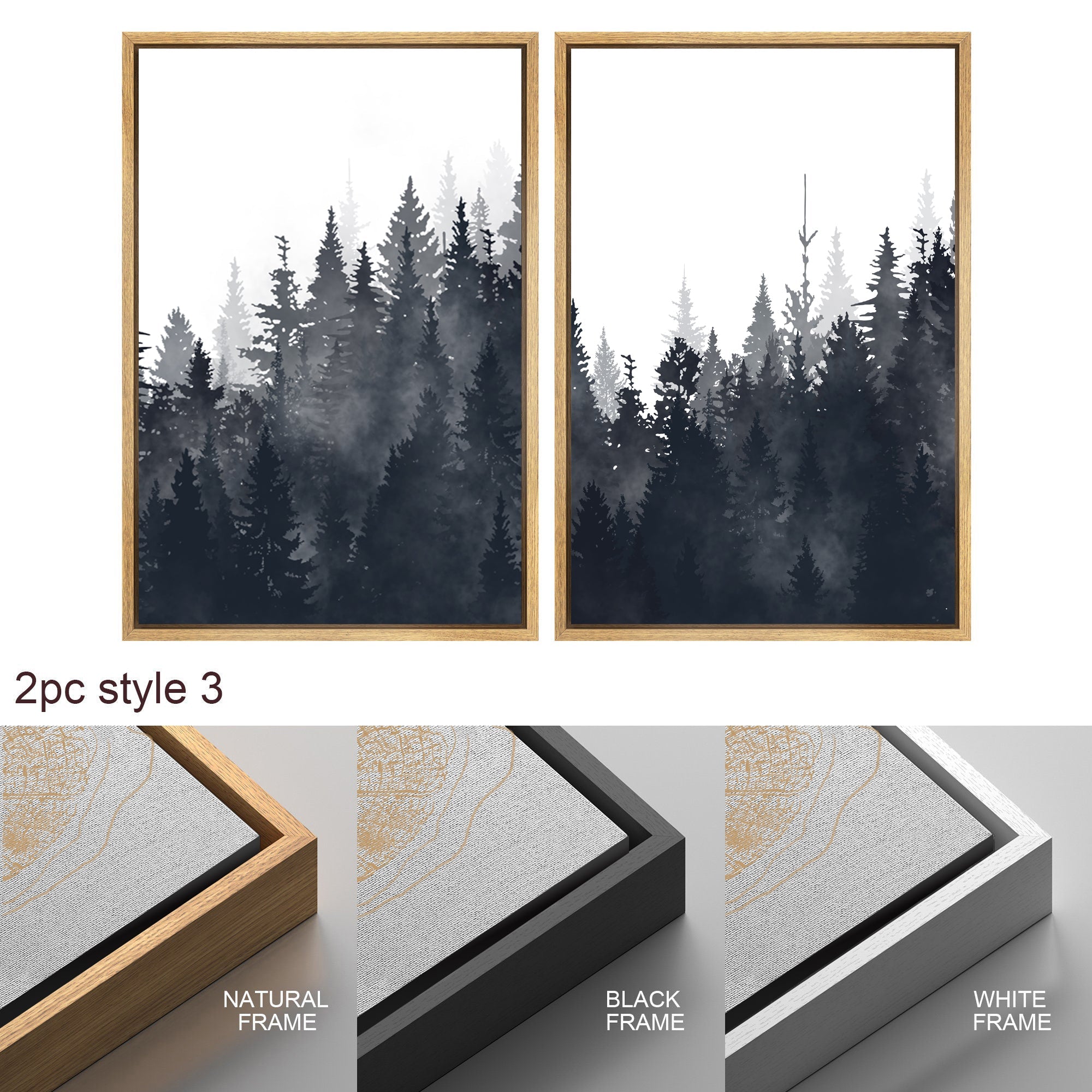 Framed Canvas Wall Art Set of 3 Misty Forest Mountain Landscape Print Modern Art Nature Wall Decor