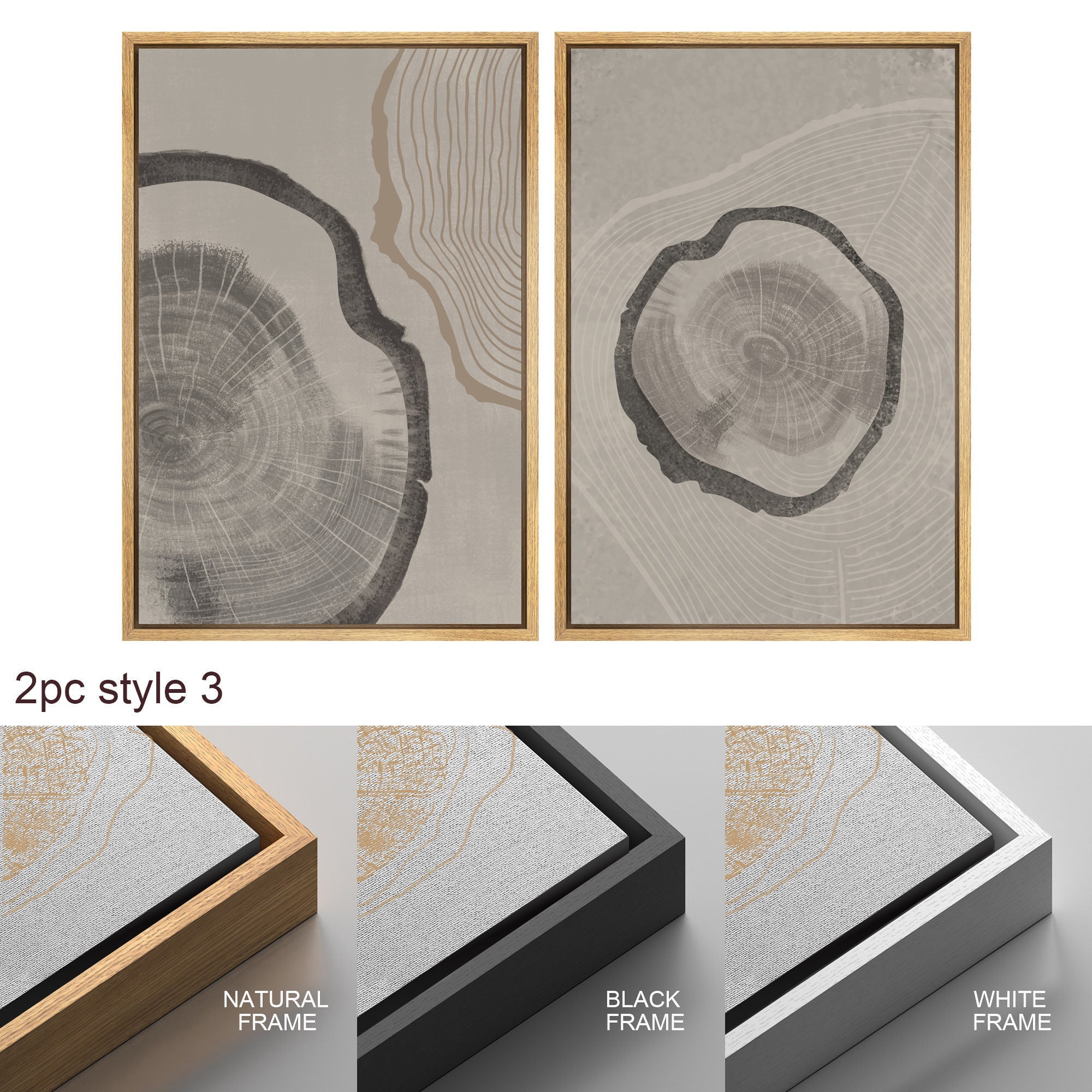 Framed Canvas Print Wall Art Set of 3 Pastel Grunge Wood Tree Rings Abstract Illustrations Minimalist Modern Art Boho Decor
