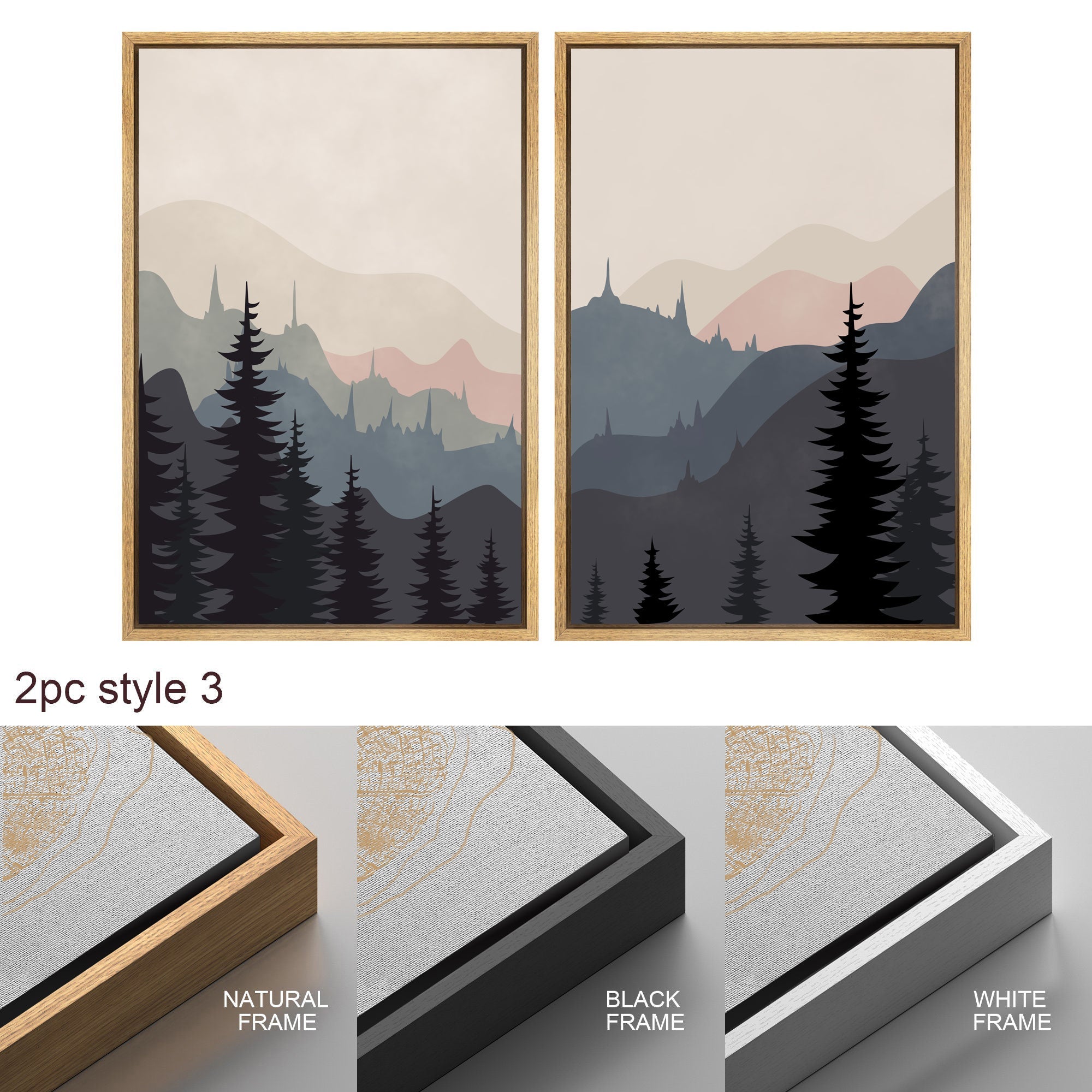 Framed Canvas Wall Art Set of 3 Sunset Forest Landscape Abstract Illustrations Prints Modern Art Minimalist Boho Wall Decor
