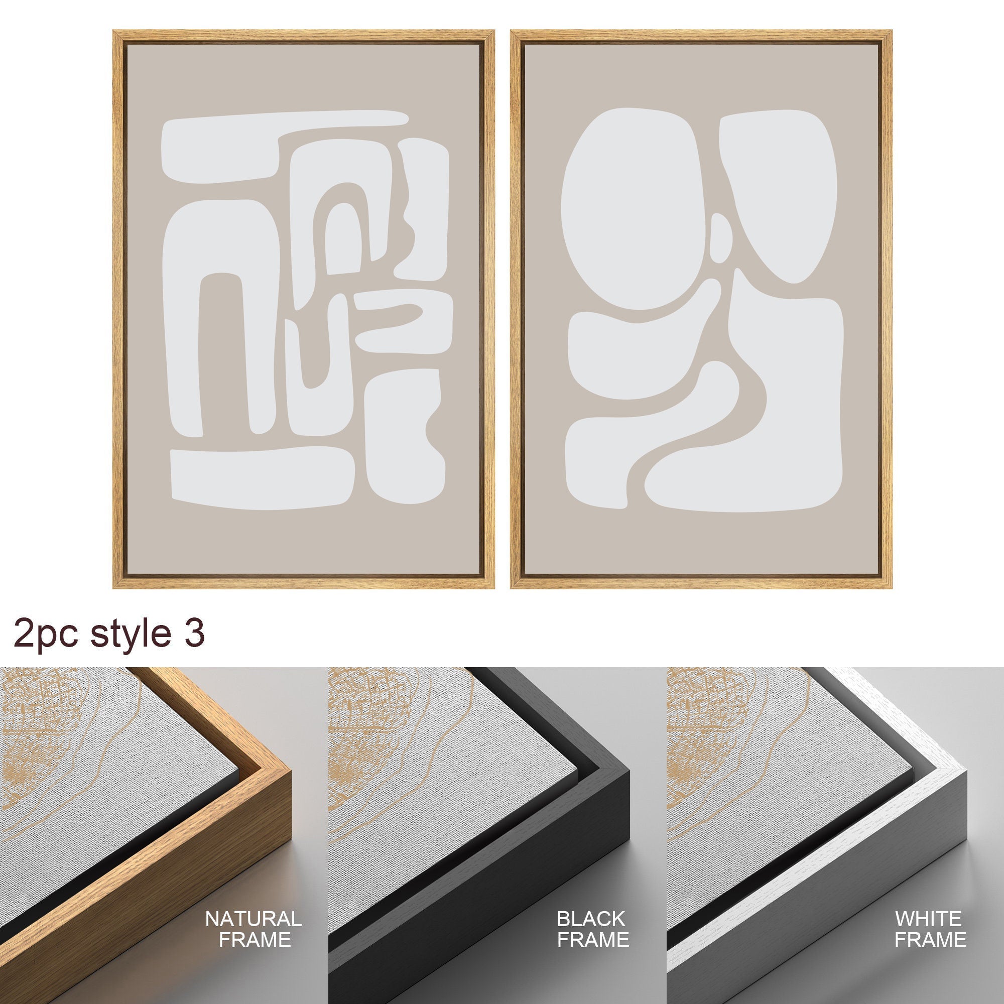 Framed Canvas Print Wall Art Set of 3 Beige White Geometric Abstract Shapes Illustrations Modern Art Minimalist Neutral Decor