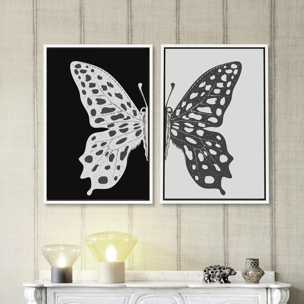 Framed Canvas Wall Art Set of 2 Black and White Butterfly Prints Minimalist Modern Art Boho Wall Decor