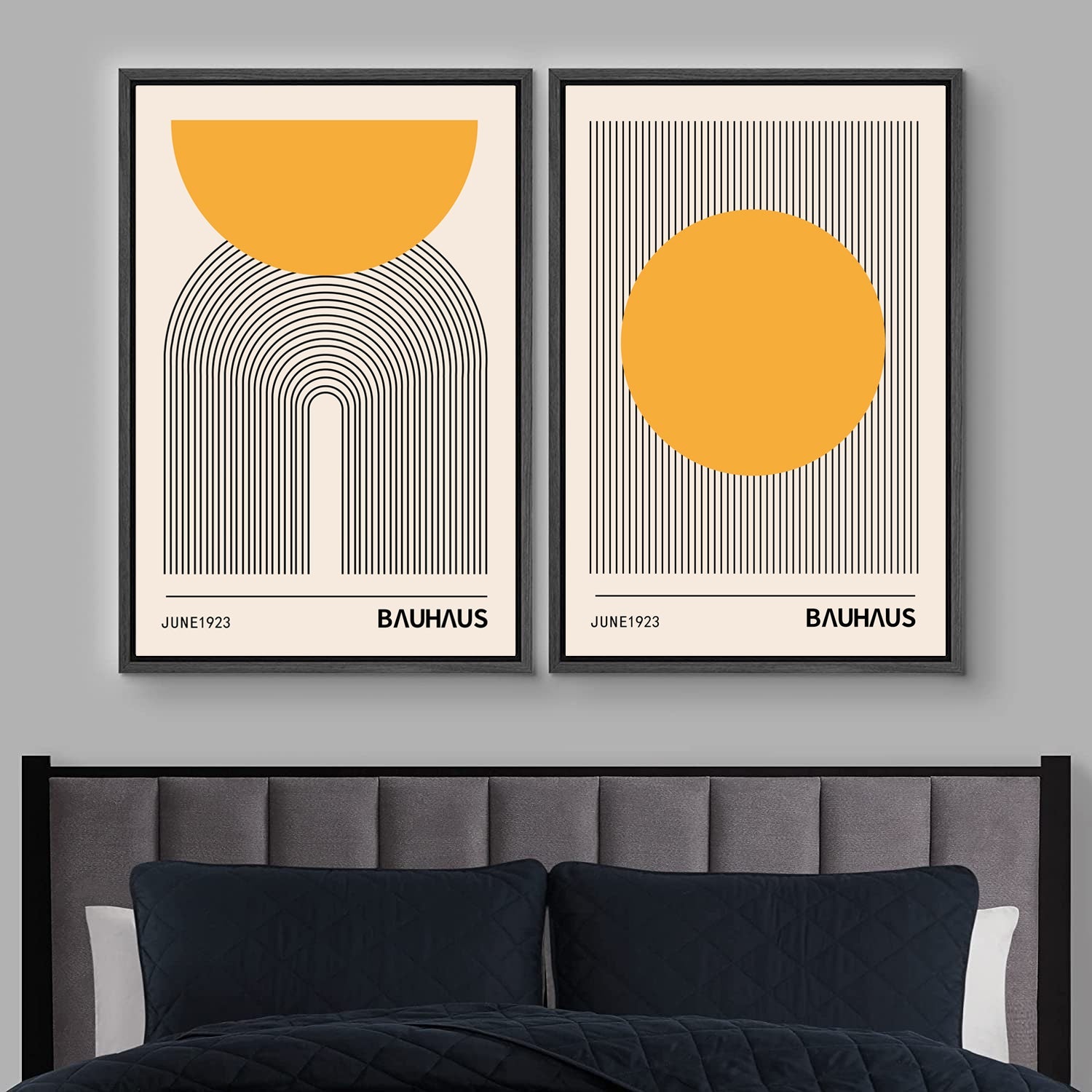 Framed Canvas Print Wall Art Set of 2 Bauhaus Abstract Shapes Illustrations Mid Century Modern Wall Art Minimalist Decor