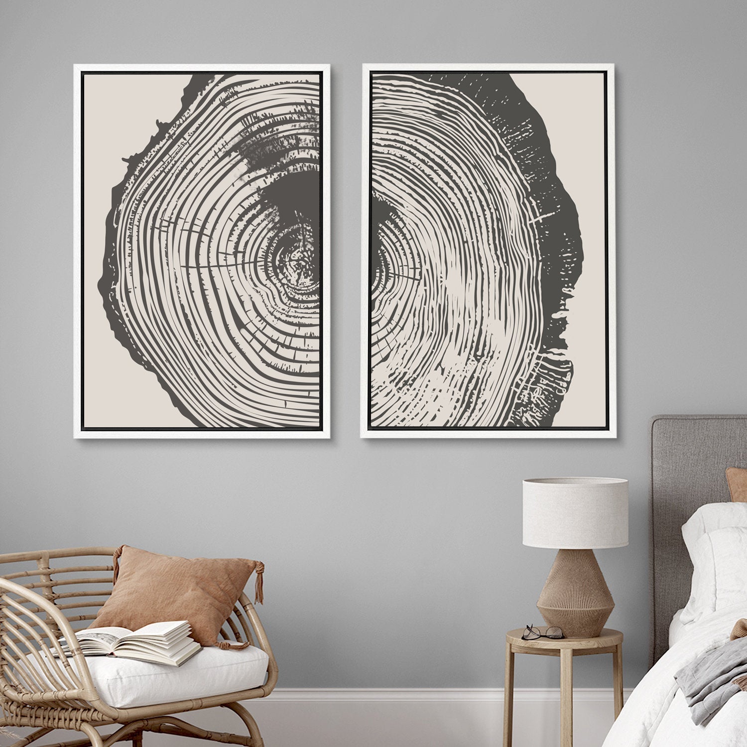 Framed Canvas Wall Art Set Wood Tree Ring Prints Modern Art Minimalist Neutral Decor