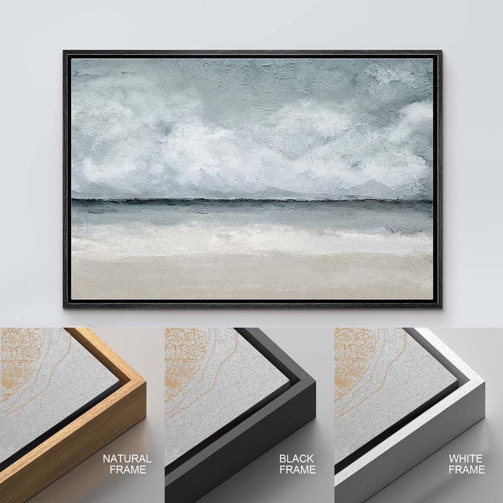 Framed Canvas Print Wall Art Coastal Beach Ocean Oil Painting Print Minimalist Modern Art Decor for Living Room