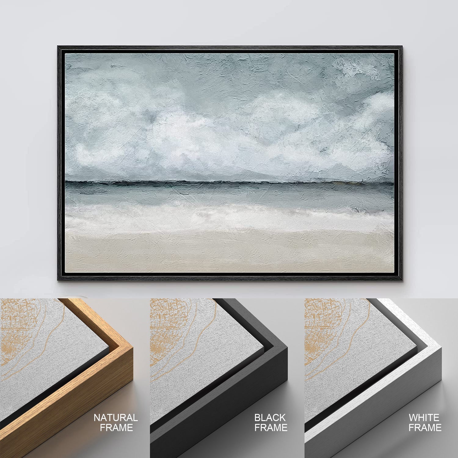 Framed Canvas Print Wall Art Coastal Beach Ocean Oil Painting Print Minimalist Modern Art Decor for Living Room