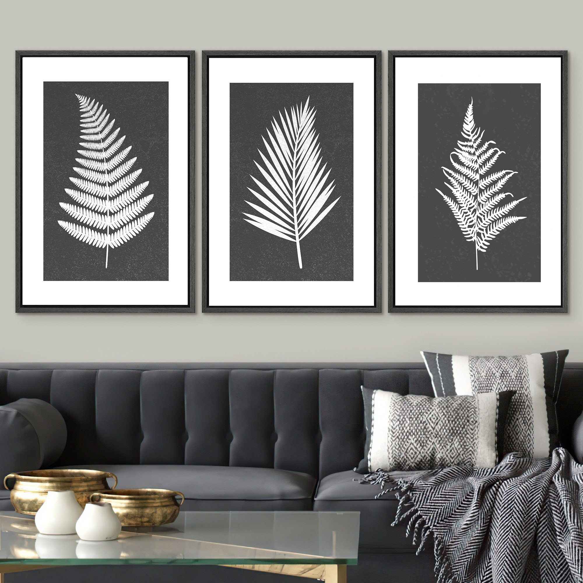 Framed Canvas Print Wall Art Set of 3 Black and White Leaves Botanical Illustrations Minimalist Art Modern Farmhouse Wall Decor