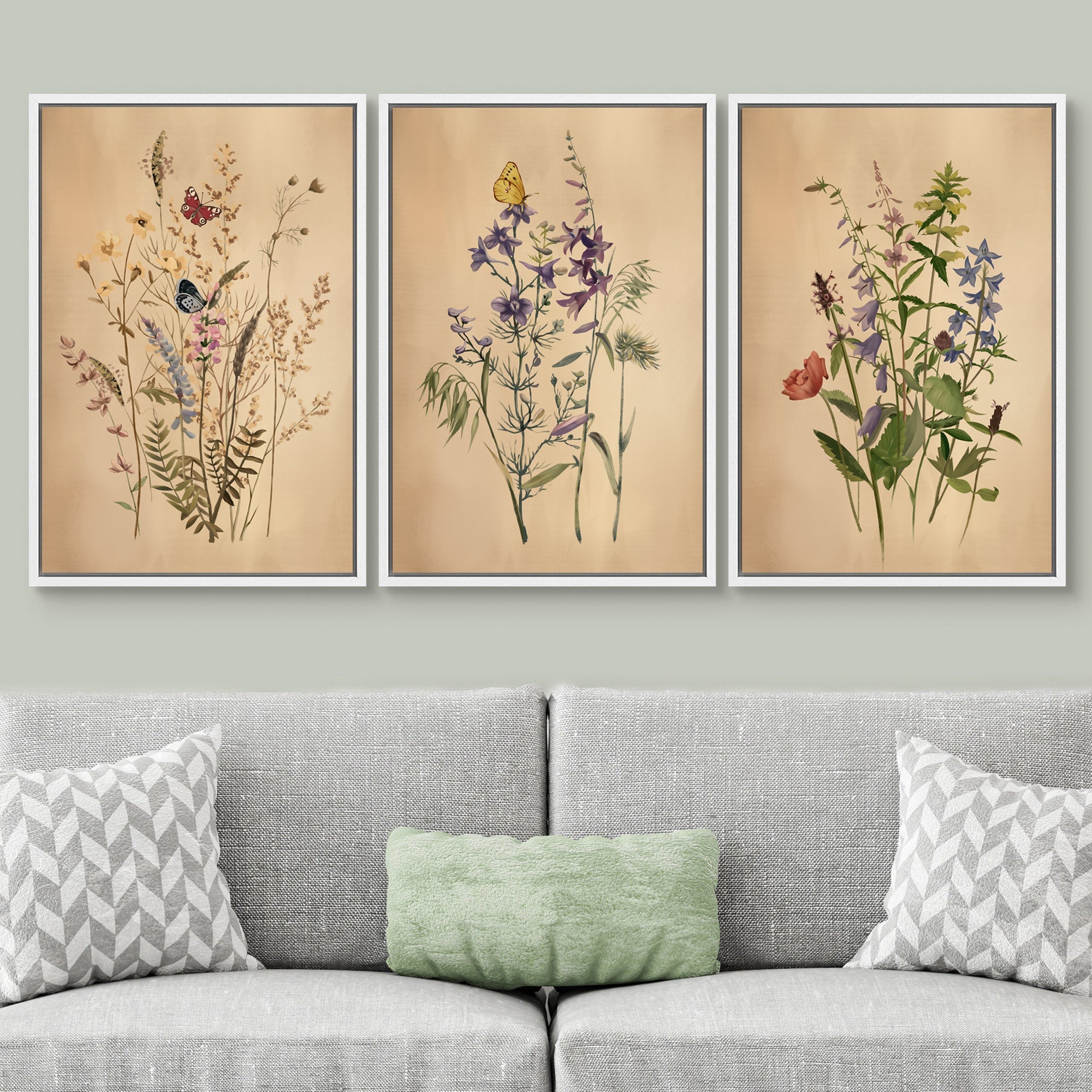 Framed Canvas Print Wall Art Set of 3 Wildflower Floral Botanical Illustrations Minimalist Art Neutral Modern Farmhouse Decor