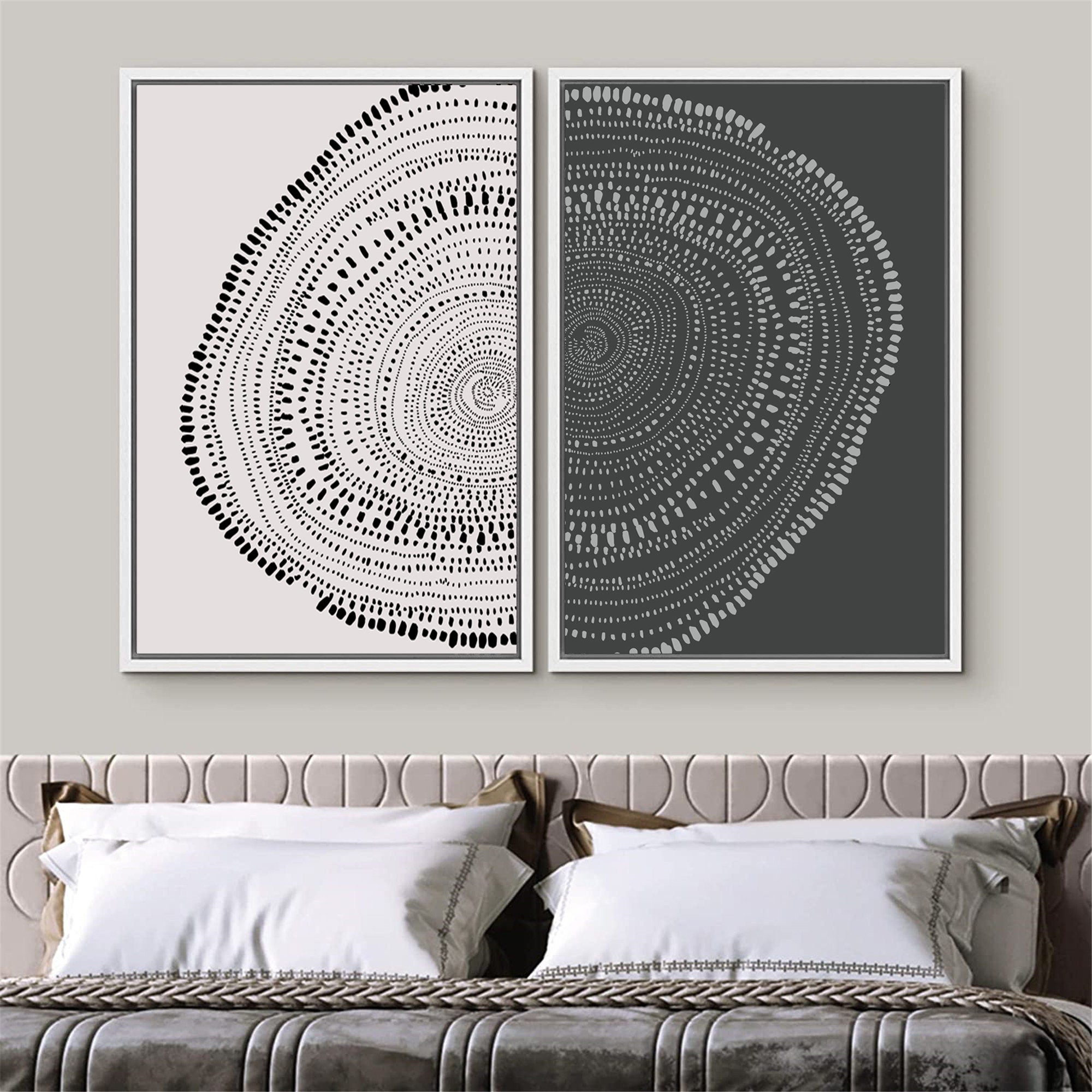 Framed Canvas Print Wall Art Set of 2 Spiral Dot Pattern Abstract Wood Tree Rings Illustrations Modern Art Minimalist Boho Decor