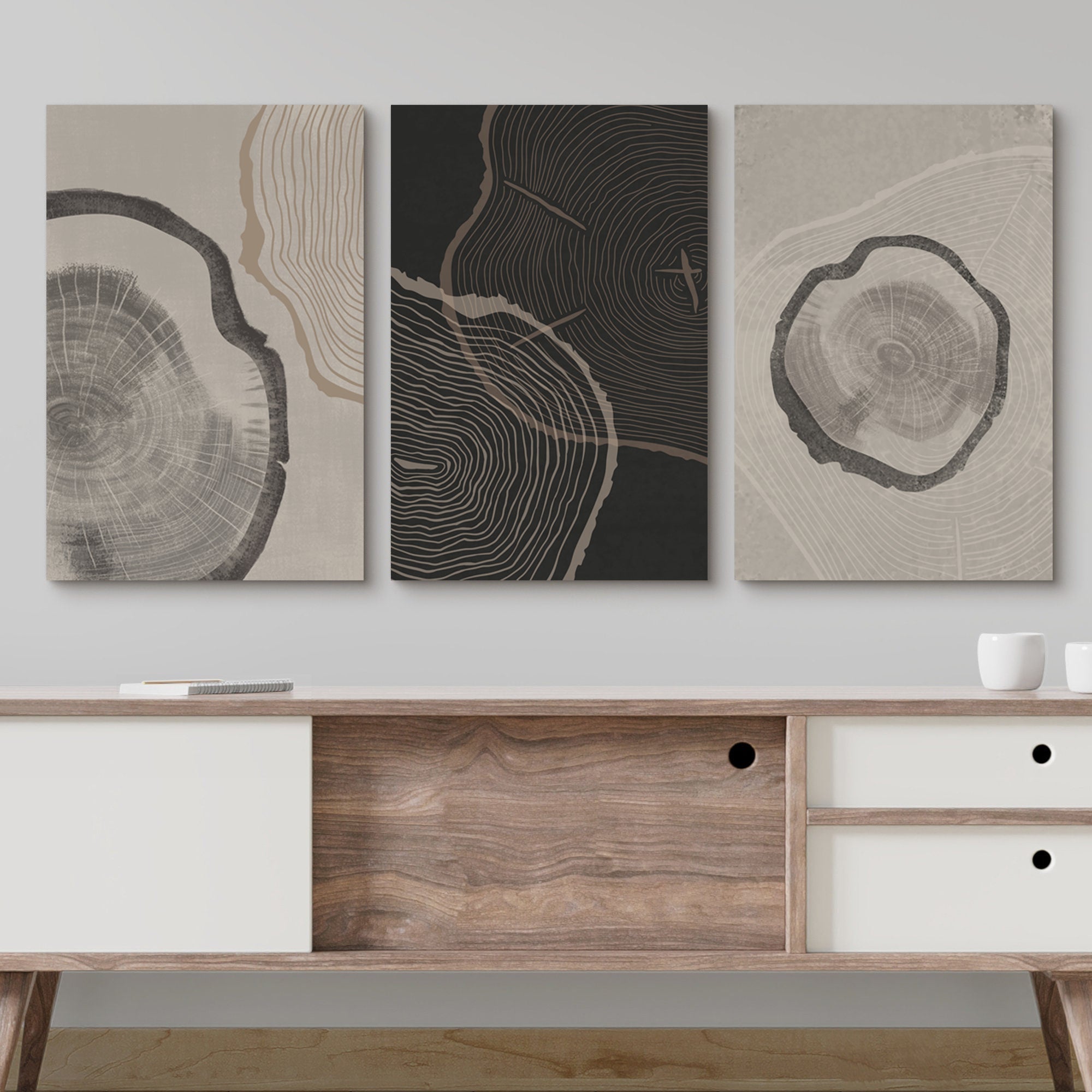Framed Canvas Print Wall Art Set of 3 Pastel Grunge Wood Tree Rings Abstract Illustrations Minimalist Modern Art Boho Decor