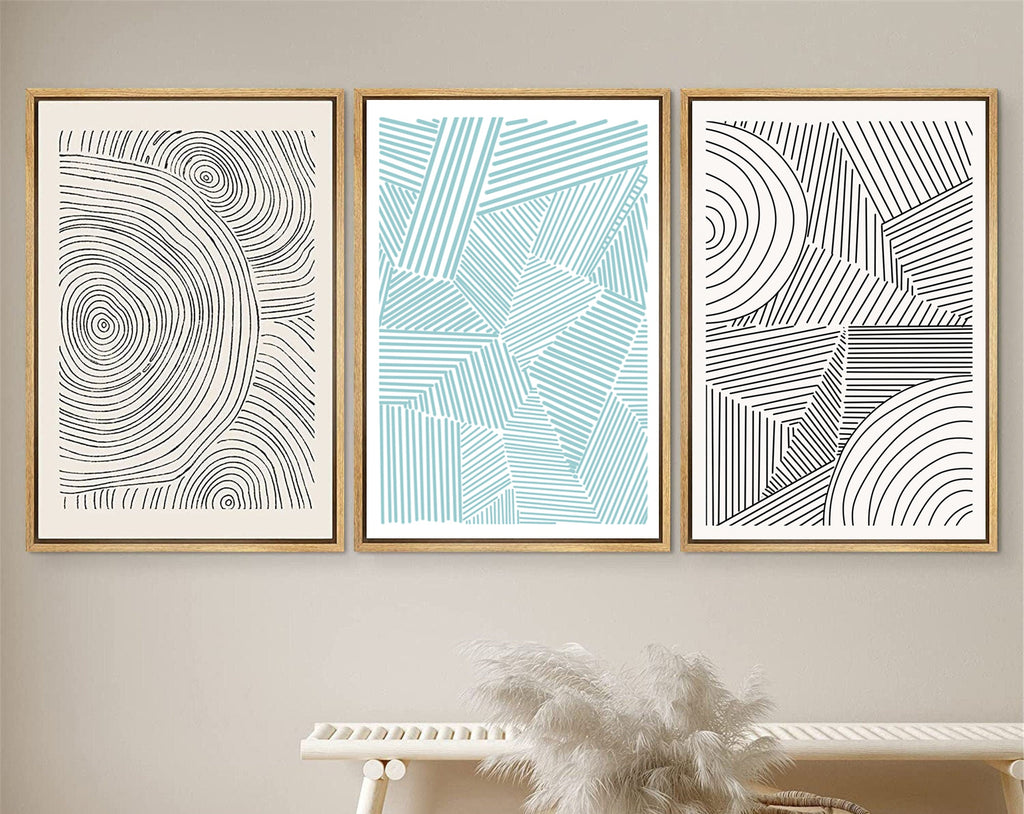Framed Canvas Print Wall Art Set of 3 Geometric Blue Black Polygon Pattern Abstract Shapes Drawings Modern Art Minimalist Decor