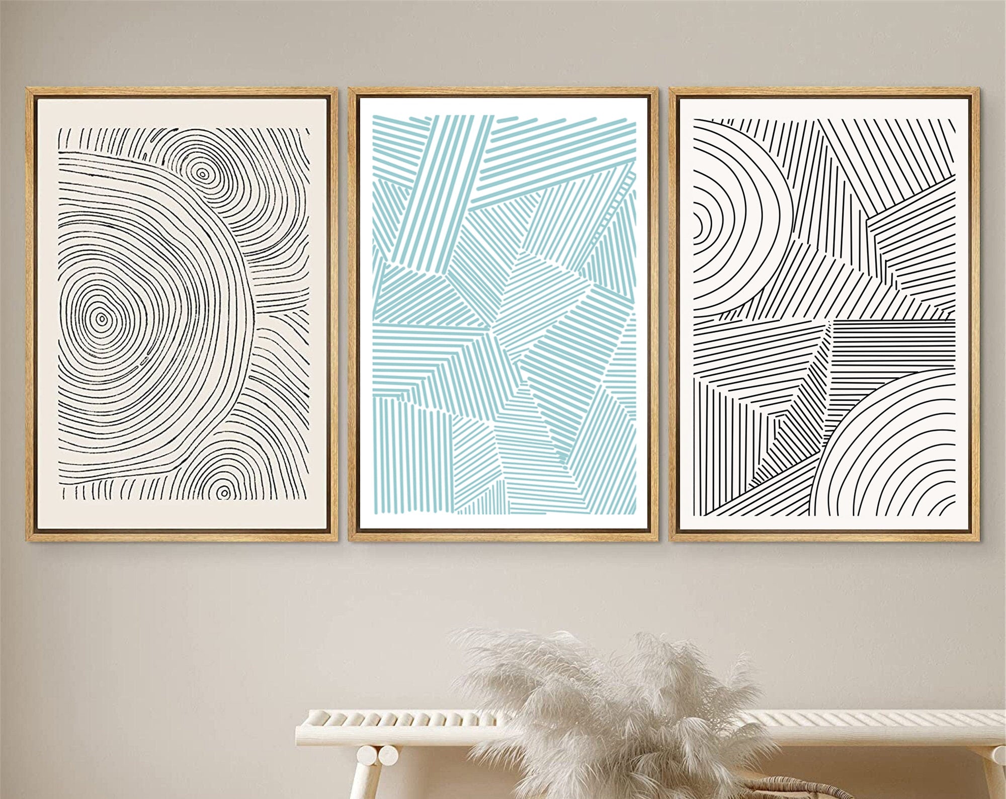 Framed Canvas Print Wall Art Set of 3 Geometric Blue Black Polygon Pattern Abstract Shapes Drawings Modern Art Minimalist Decor