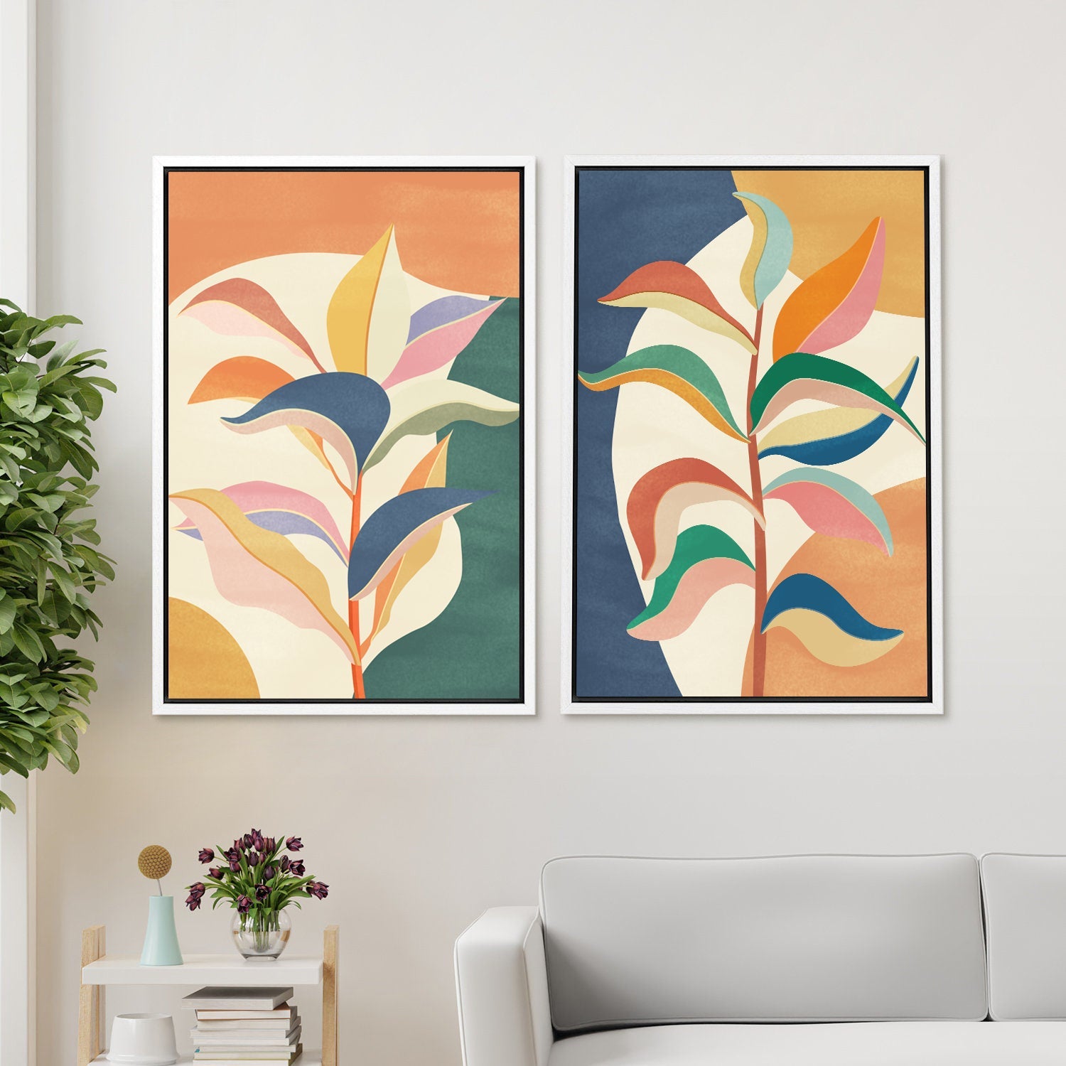 Framed Canvas Wall Art Set of 2 Colorful Tropical Jungle Leaf Botanical Prints Minimalist Modern Art Boho Wall Decor