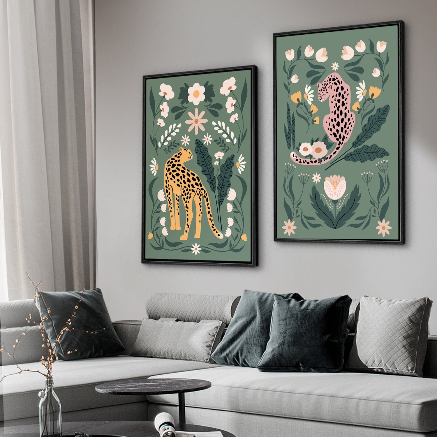 Framed Canvas Print Wall Art Set Cartoon Tiger Plant Bohemian Art Room Decoration Painting