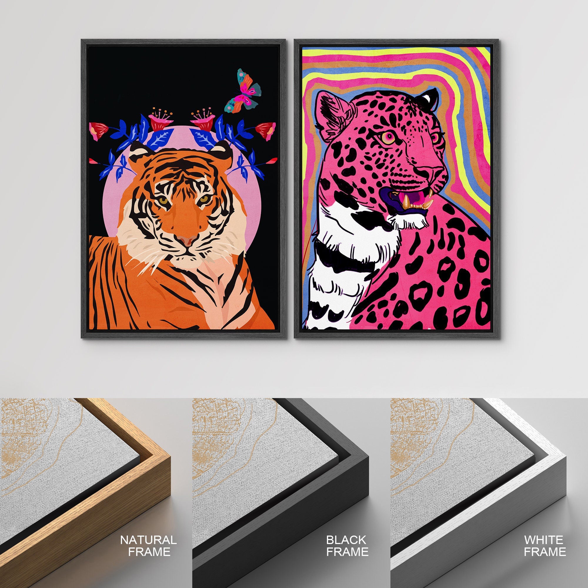 Framed Canvas Print Wall Art Set Cheetah Cats Animal Modern Boho Art Preppy Room Decor