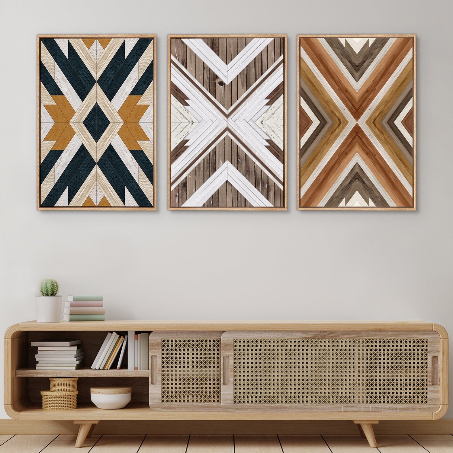 Framed Canvas Wall Art Set Southwestern Wood Panel Geometric Diamond Pattern Collage Print Abstract Modern Wall Art Rustic Western Decor
