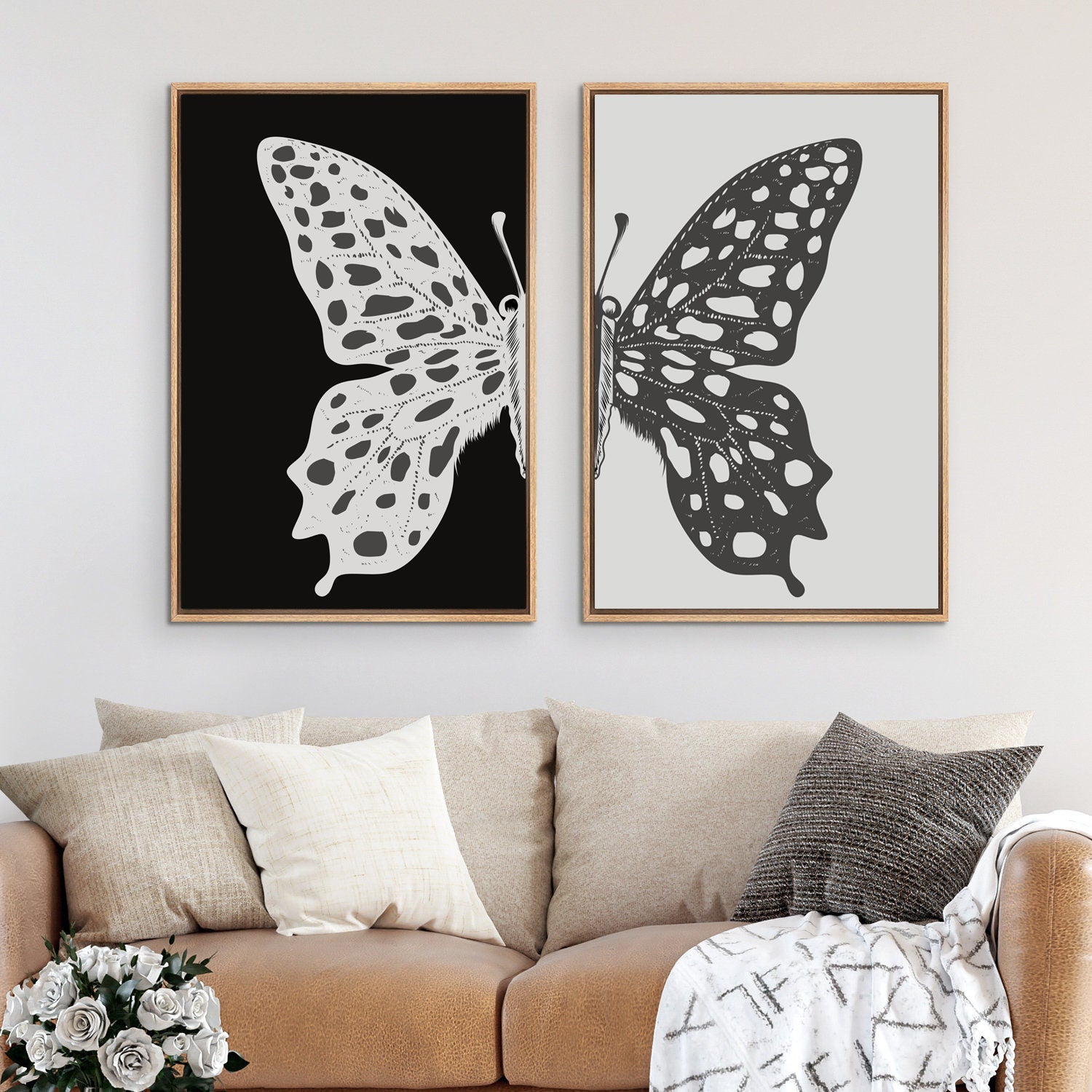 Framed Canvas Wall Art Set of 2 Black and White Butterfly Prints Minimalist Modern Art Boho Wall Decor