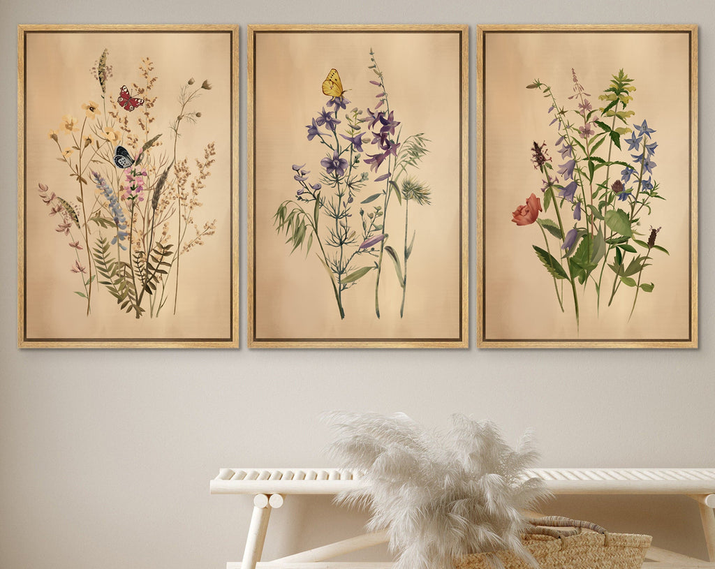 Framed Canvas Print Wall Art Set of 3 Wildflower Floral Botanical Illustrations Minimalist Art Neutral Modern Farmhouse Decor