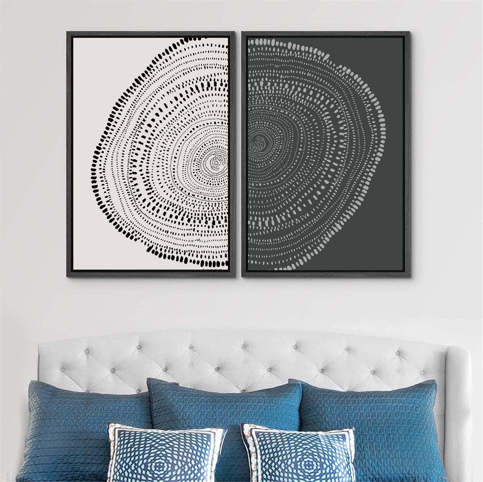 Framed Canvas Print Wall Art Set of 2 Spiral Dot Pattern Abstract Wood Tree Rings Illustrations Modern Art Minimalist Boho Decor