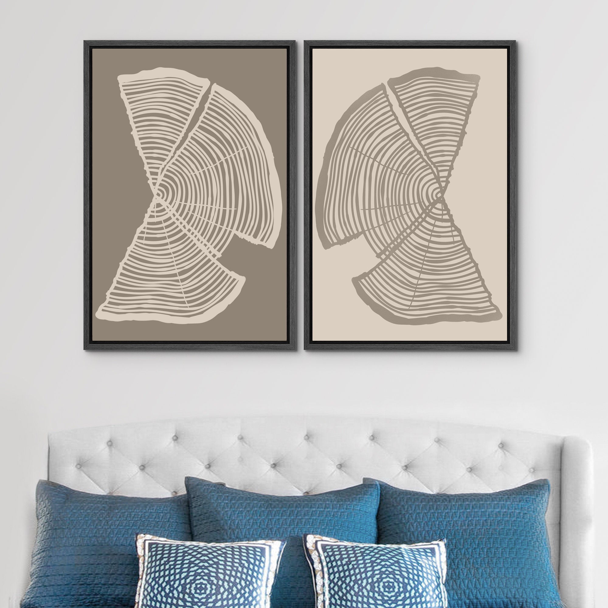 Framed Canvas Print Wall Art Set of 2 Pastel Beige Wood Tree Rings Abstract Illustrations Minimalist Modern Art Boho Decor