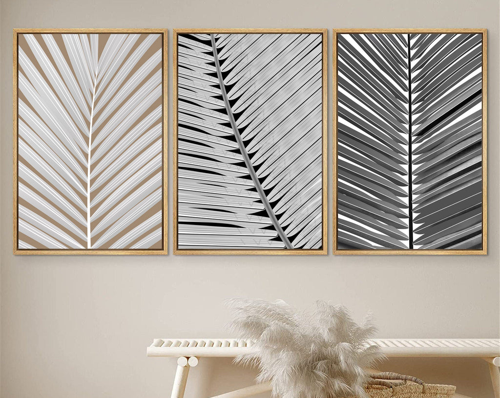 Framed Canvas Print Wall Art Black and White Tropical Palm Leaf Nature Illustrations Modern Art for Living Room