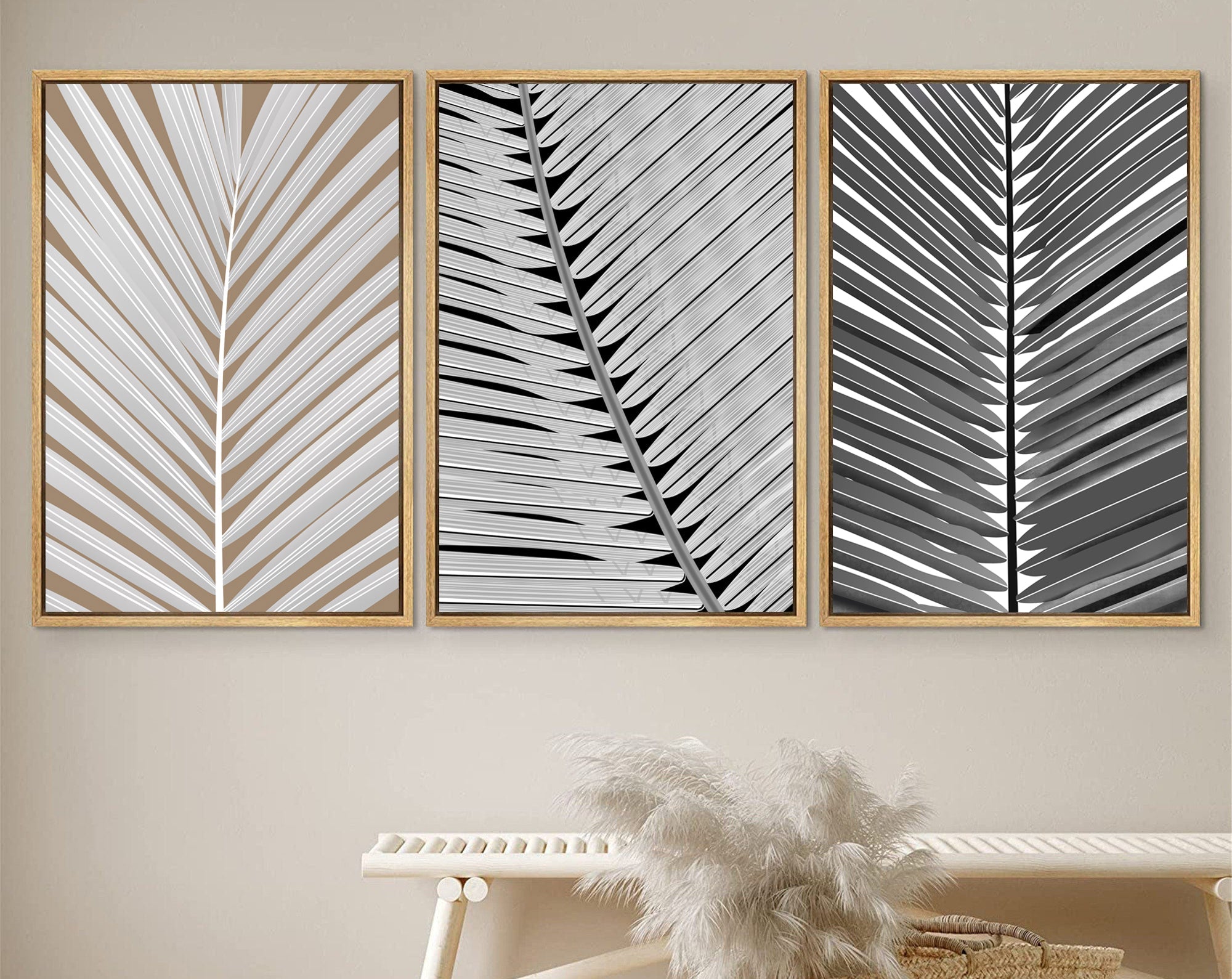 Framed Canvas Print Wall Art Black and White Tropical Palm Leaf Nature Illustrations Modern Art for Living Room