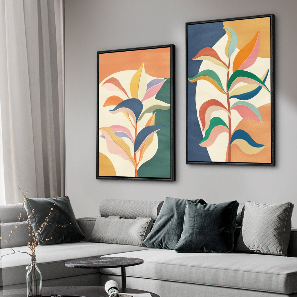 Framed Canvas Wall Art Set of 2 Colorful Tropical Jungle Leaf Botanical Prints Minimalist Modern Art Boho Wall Decor