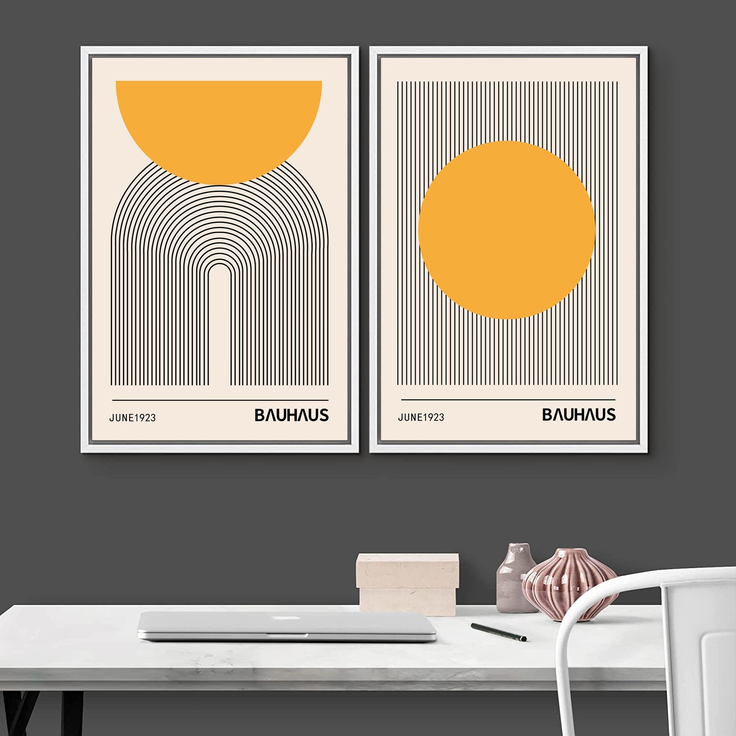 Framed Canvas Print Wall Art Set of 2 Bauhaus Abstract Shapes Illustrations Mid Century Modern Wall Art Minimalist Decor