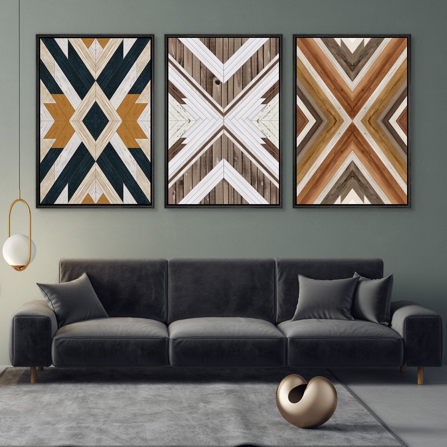 Framed Canvas Wall Art Set Southwestern Wood Panel Geometric Diamond Pattern Collage Print Abstract Modern Wall Art Rustic Western Decor