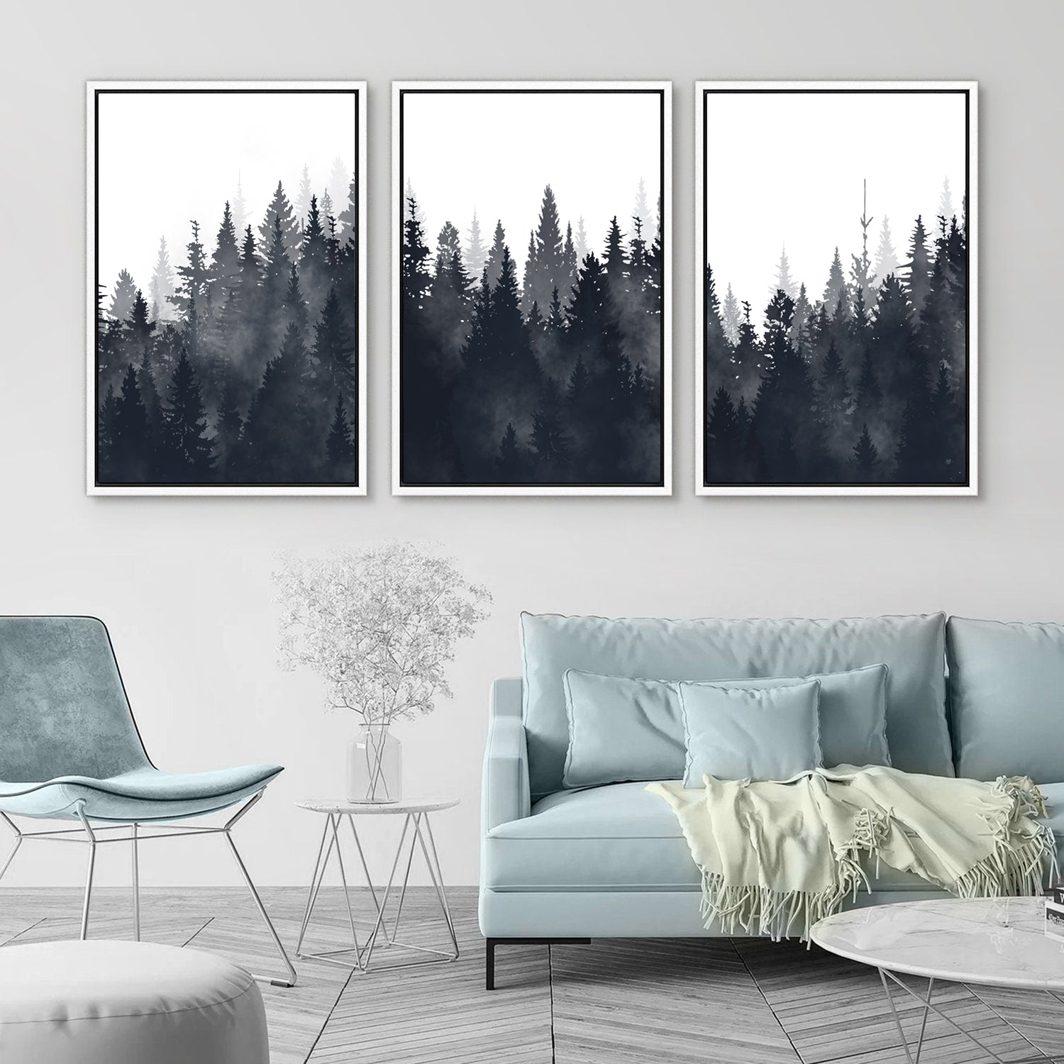 Framed Canvas Wall Art Set of 3 Misty Forest Mountain Landscape Print Modern Art Nature Wall Decor