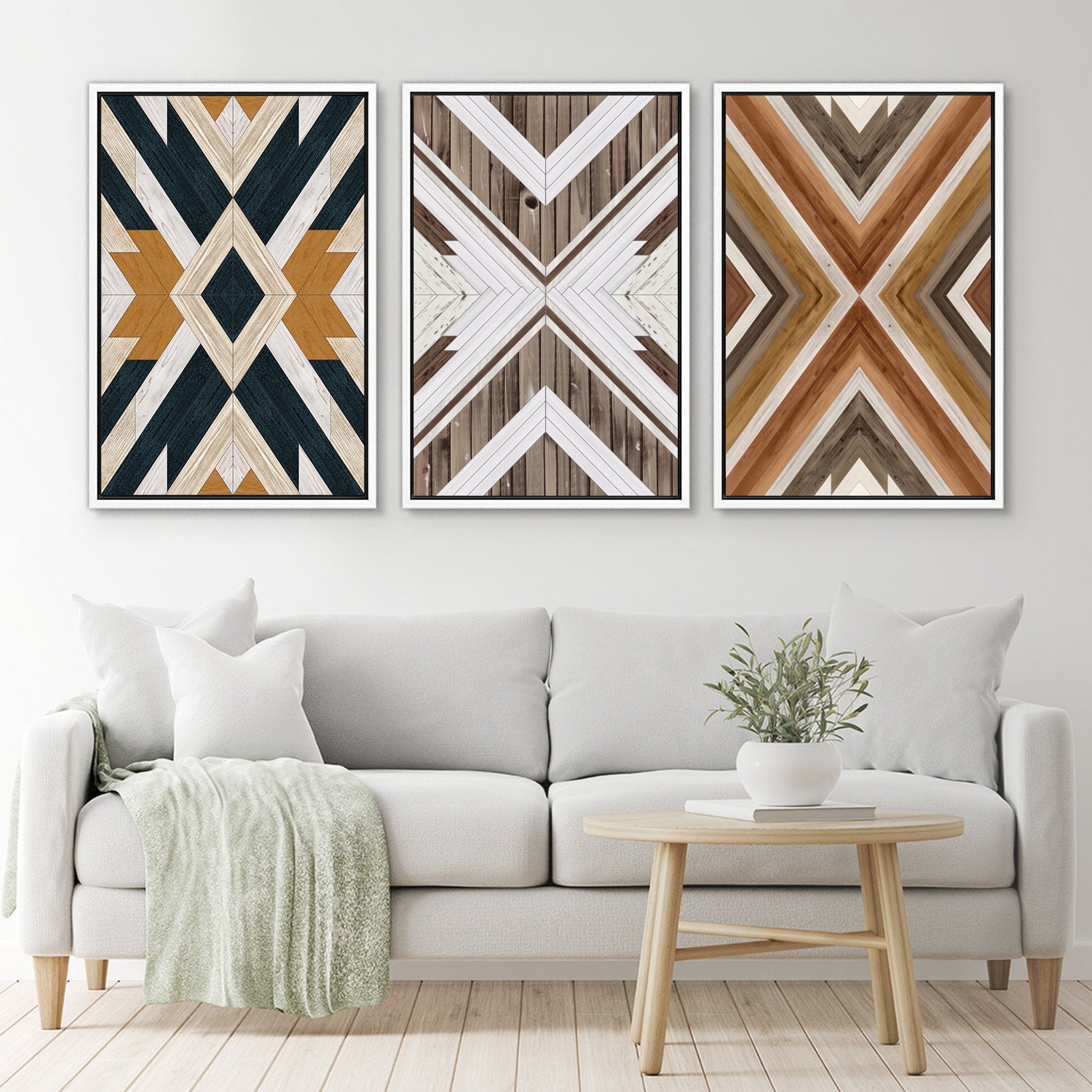 Framed Canvas Wall Art Set Southwestern Wood Panel Geometric Diamond Pattern Collage Print Abstract Modern Wall Art Rustic Western Decor