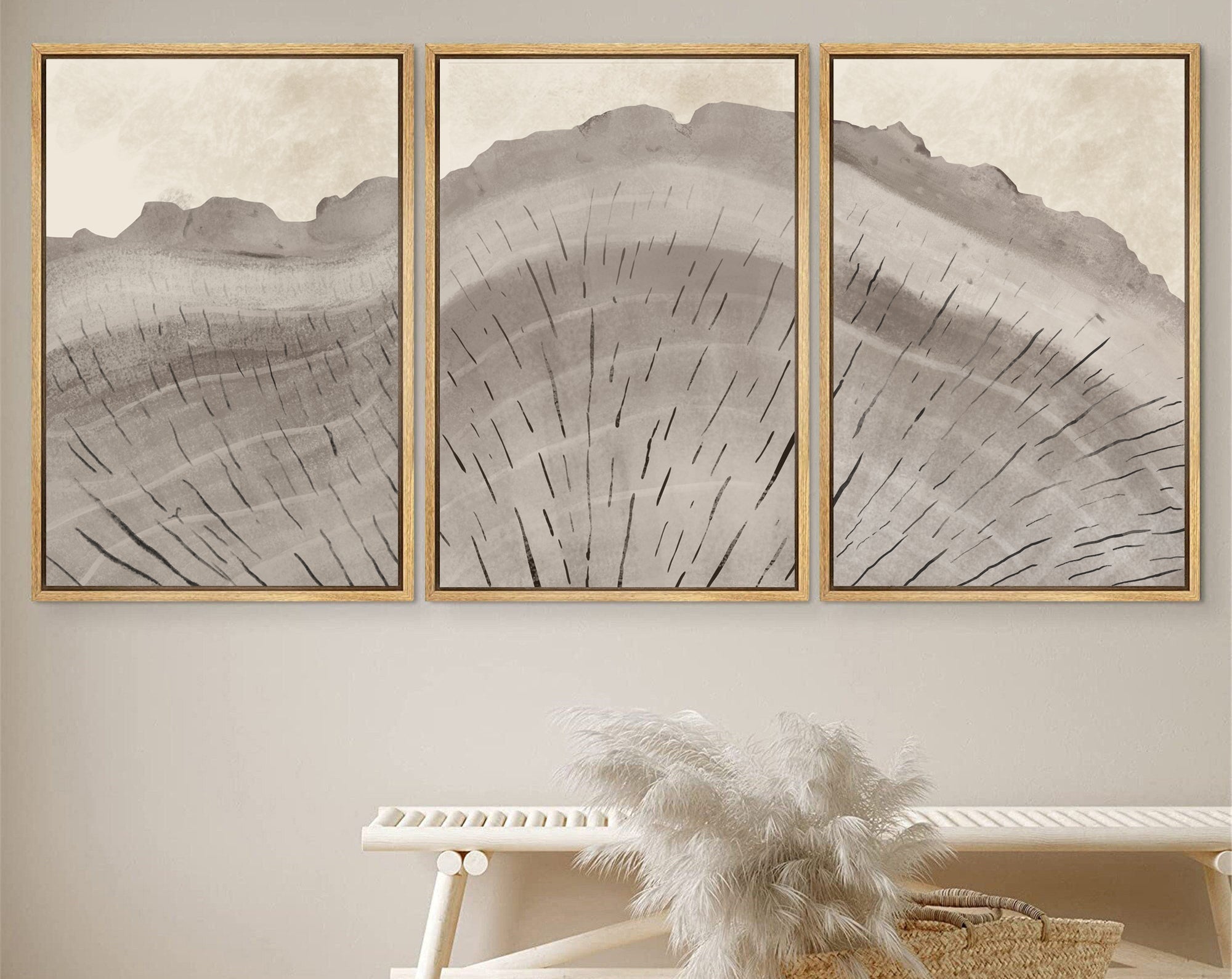 Framed Canvas Print Wall Art Set Oak Wood Tree Rings Illustrations Modern Art Neutral Boho Decor