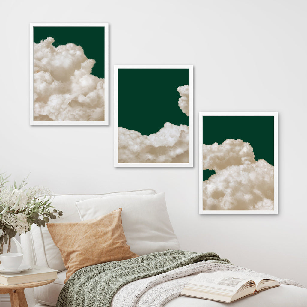 Framed Canvas Wall Art Set of 3 Pastel Cloud Navy Blue Sky Nature Landscape Prints Minimalist Modern Art Nature Wall Decor