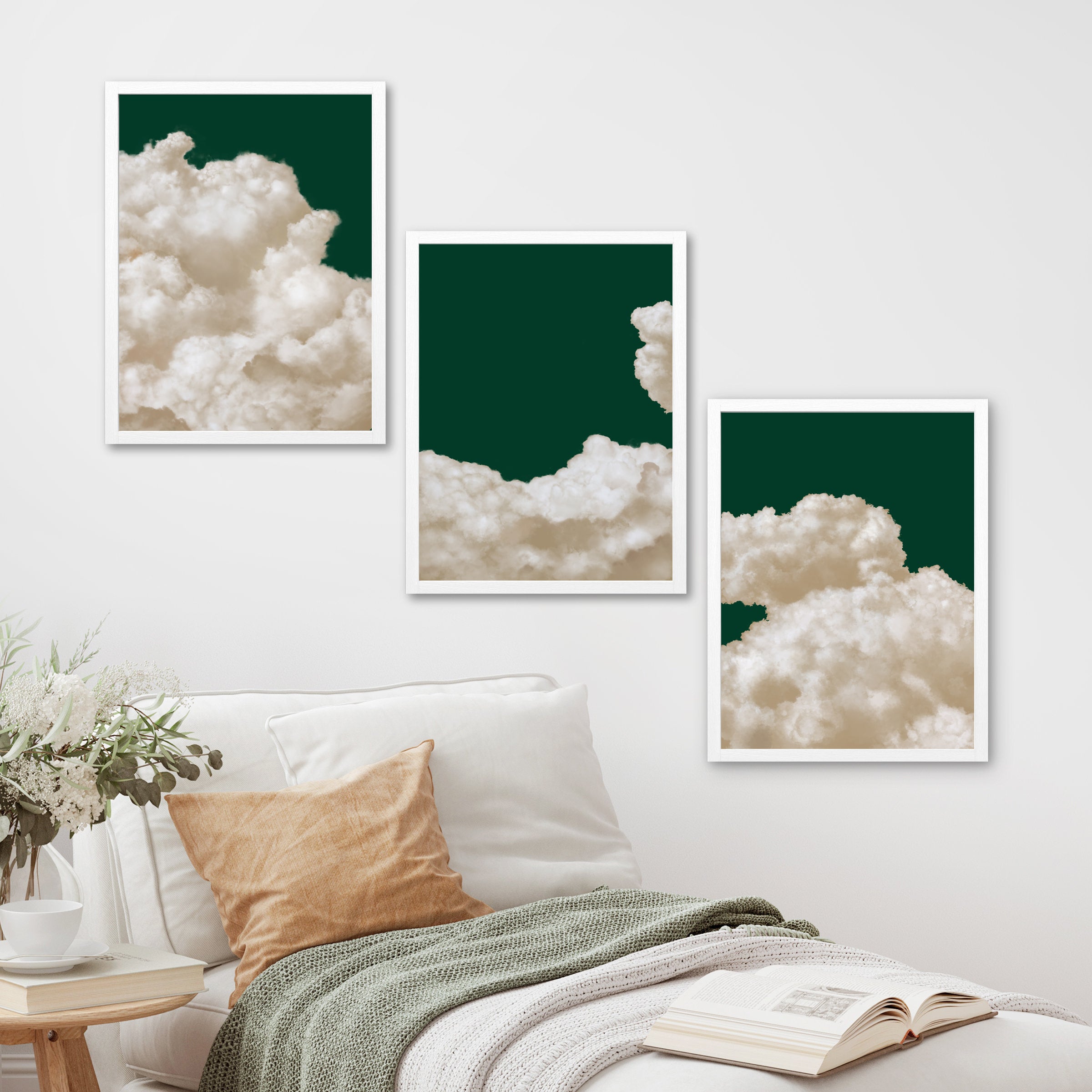 Framed Canvas Wall Art Set of 3 Pastel Cloud Navy Blue Sky Nature Landscape Prints Minimalist Modern Art Nature Wall Decor