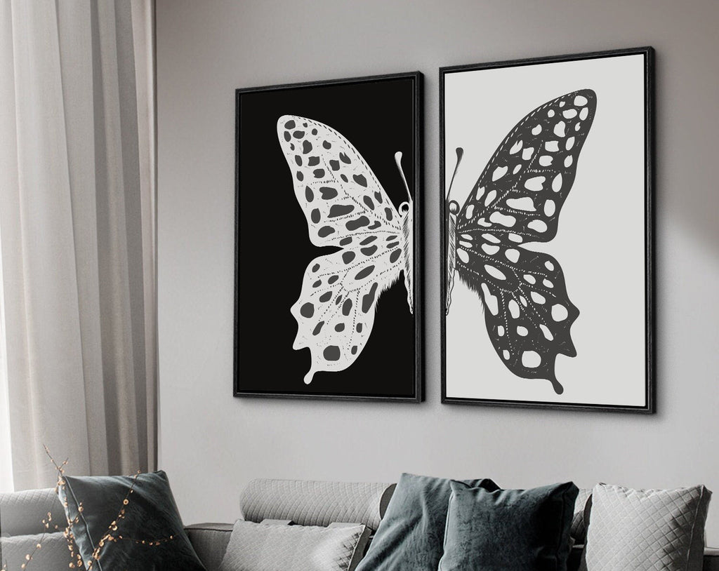 Framed Canvas Wall Art Set of 2 Black and White Butterfly Prints Minimalist Modern Art Boho Wall Decor