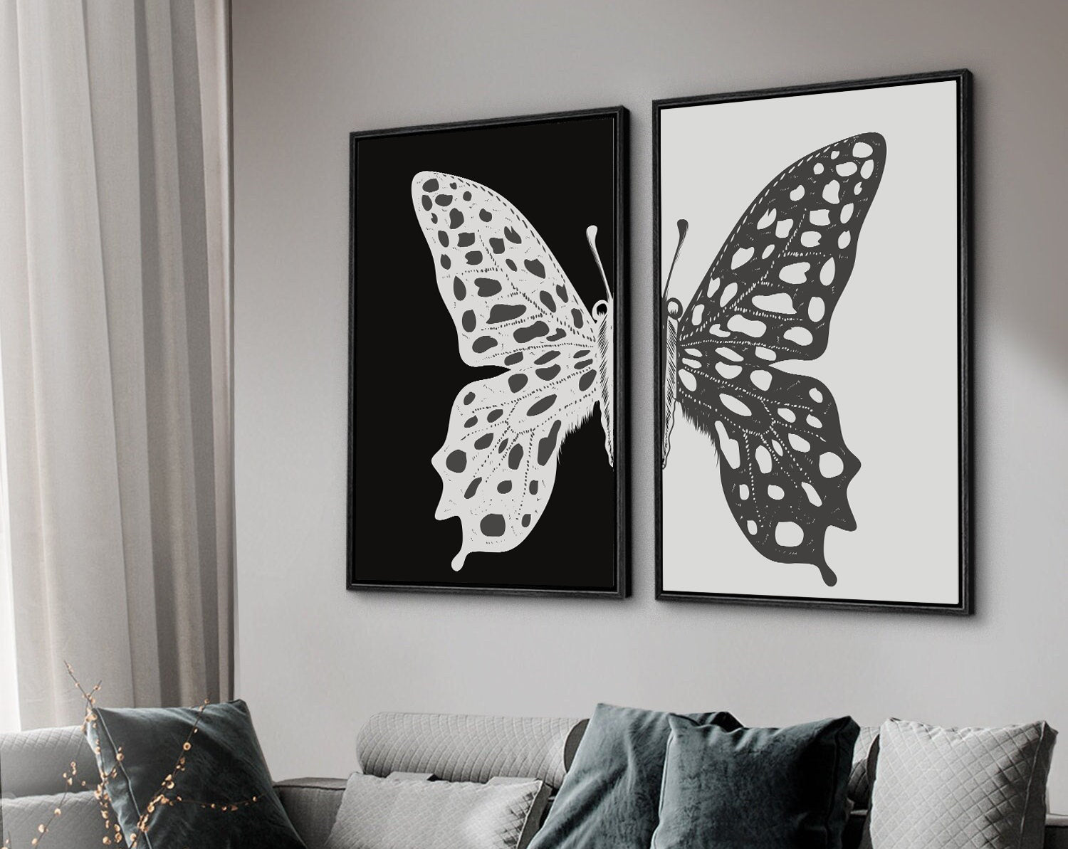 Framed Canvas Wall Art Set of 2 Black and White Butterfly Prints Minimalist Modern Art Boho Wall Decor