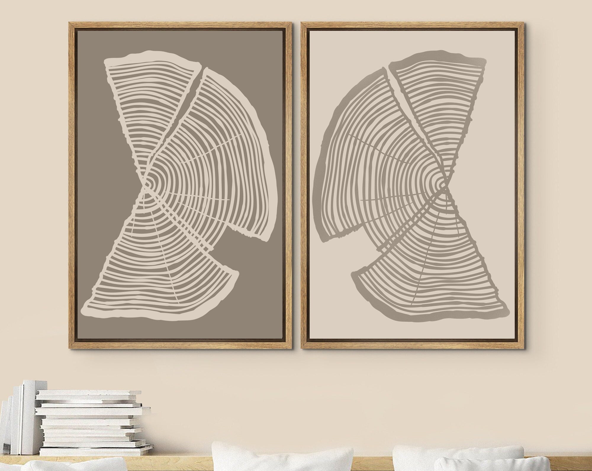 Framed Canvas Print Wall Art Set of 2 Pastel Beige Wood Tree Rings Abstract Illustrations Minimalist Modern Art Boho Decor