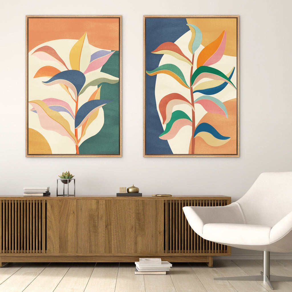 Framed Canvas Wall Art Set of 2 Colorful Tropical Jungle Leaf Botanical Prints Minimalist Modern Art Boho Wall Decor