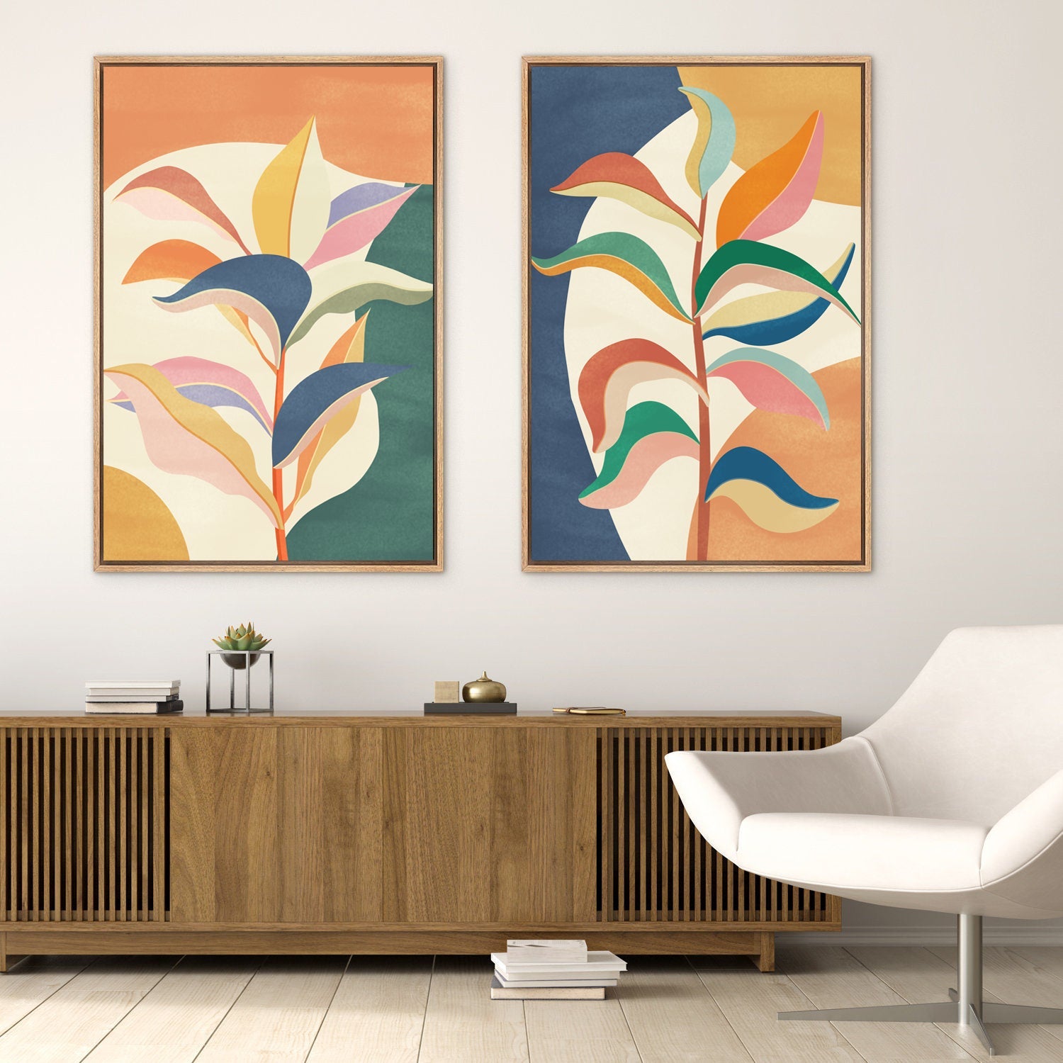 Framed Canvas Wall Art Set of 2 Colorful Tropical Jungle Leaf Botanical Prints Minimalist Modern Art Boho Wall Decor