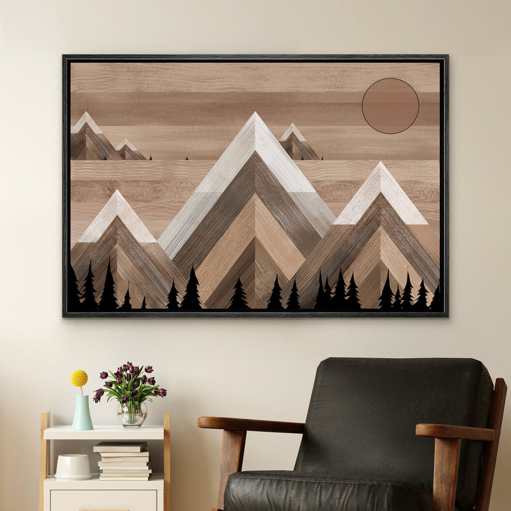 Framed Canvas Wall Art Sunset Mountain Landscape Abstract Illustrations Prints Abstract Modern Art Minimalist Boho Wall Decor