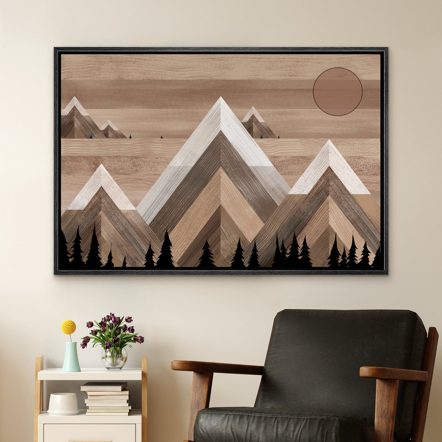 Framed Canvas Wall Art Sunset Mountain Landscape Abstract Illustrations Prints Abstract Modern Art Minimalist Boho Wall Decor