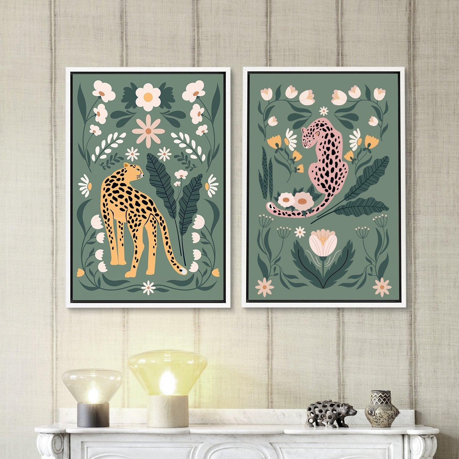 Framed Canvas Print Wall Art Set Cartoon Tiger Plant Bohemian Art Room Decoration Painting