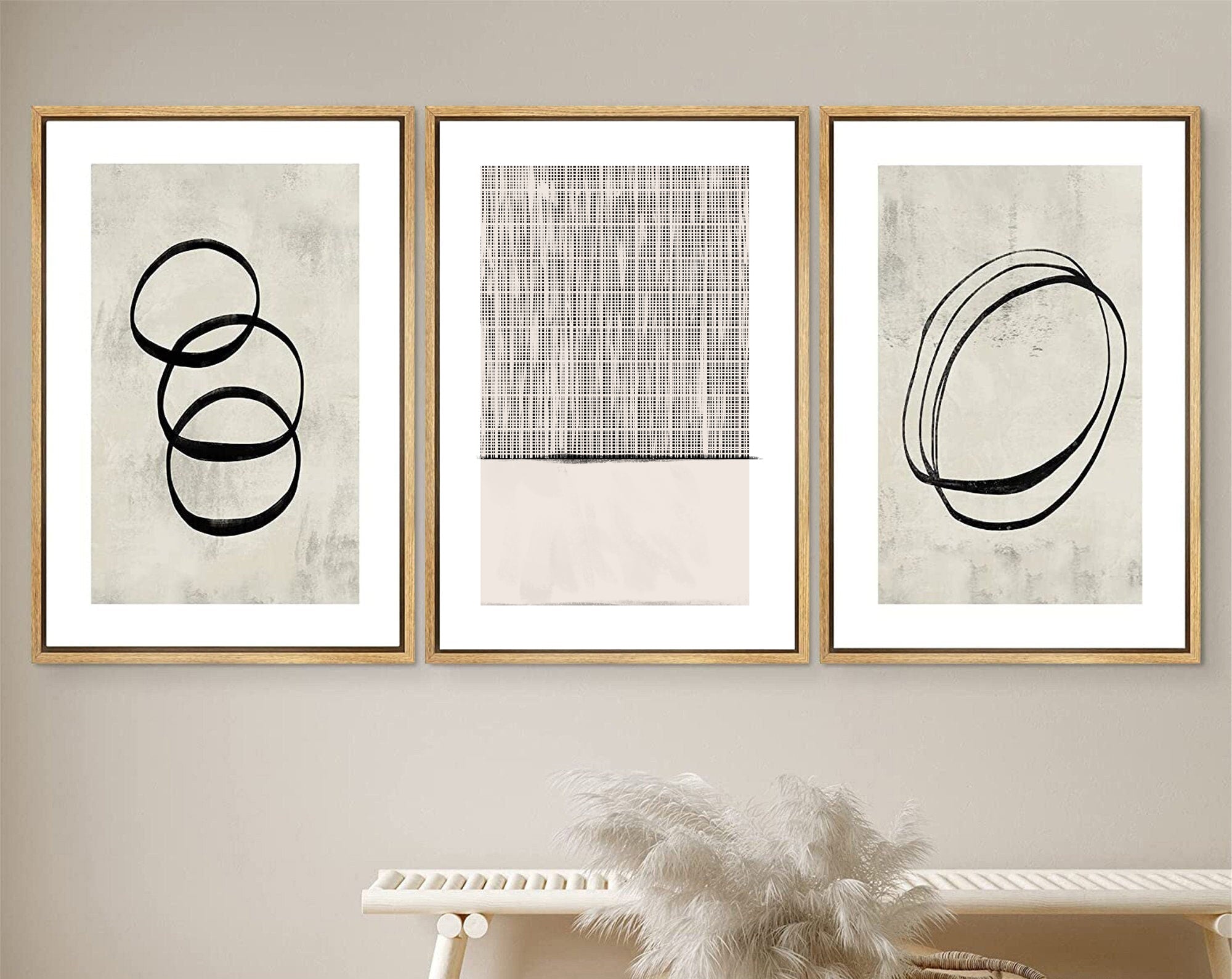 Framed Canvas Print Wall Art Set Geometric Ring Grid Abstract Illustrations Modern Art Minimalist Neutral Decor