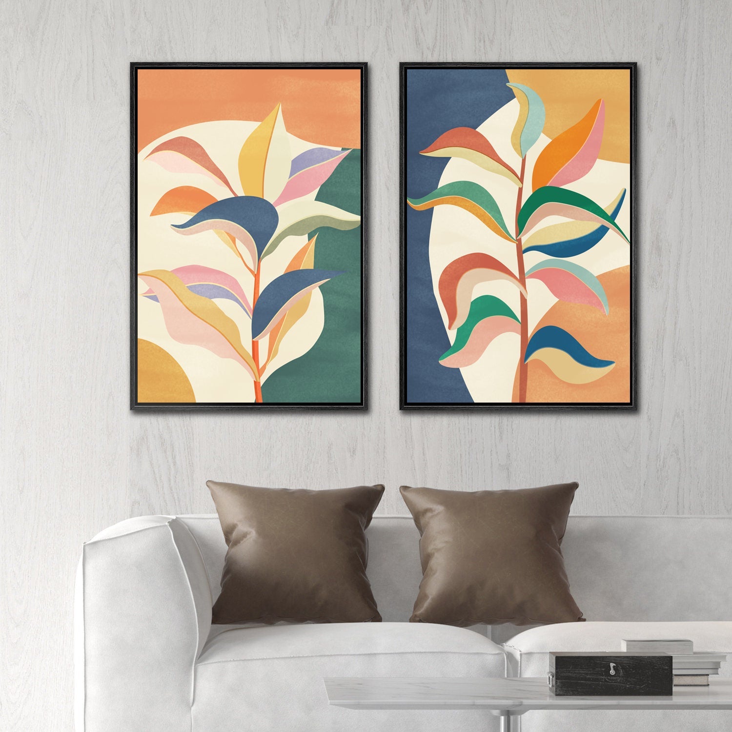 Framed Canvas Wall Art Set of 2 Colorful Tropical Jungle Leaf Botanical Prints Minimalist Modern Art Boho Wall Decor
