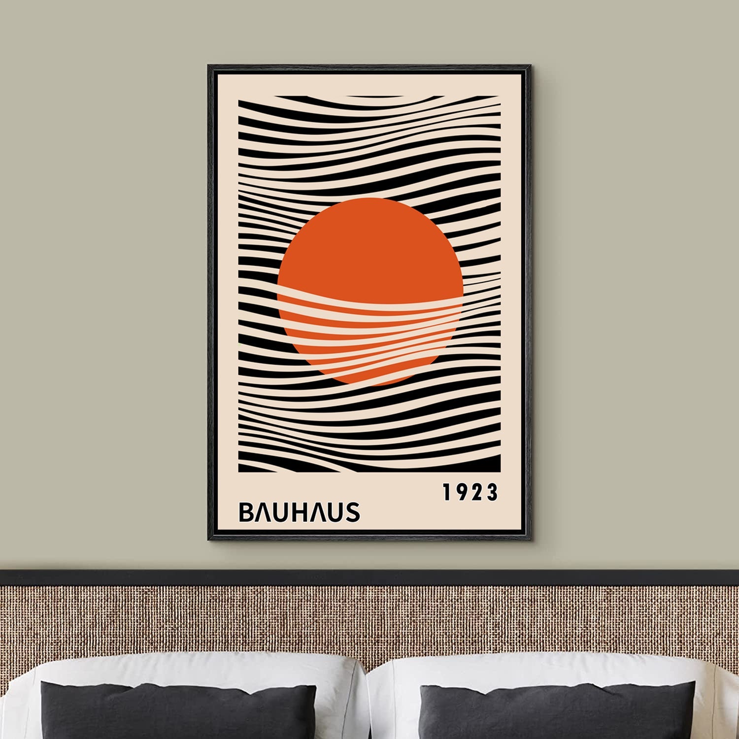 Framed Canvas Print Wall Art Bauhaus Sun and Waves Abstract Illustration Mid Century Modern Wall Art Minimalist Decor