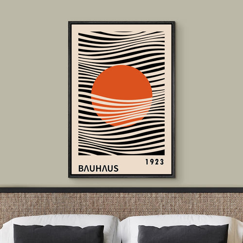 Framed Canvas Print Wall Art Bauhaus Sun and Waves Abstract Illustration Mid Century Modern Wall Art Minimalist Decor