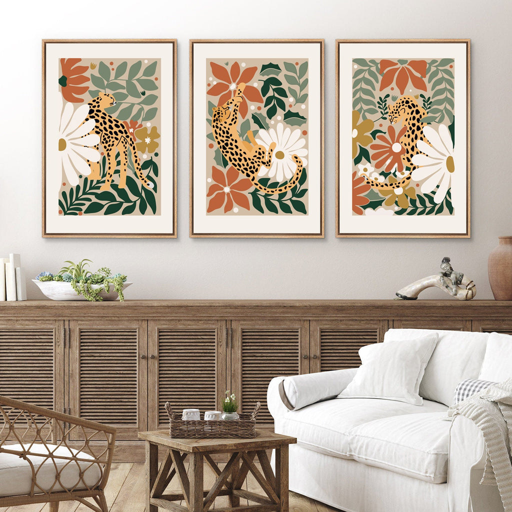 Framed Canvas Wall Art Set of 3 Cheetah Cats Animal Floral Botanical Prints Minimalist Modern Art Boho Decor Preppy Room Decor