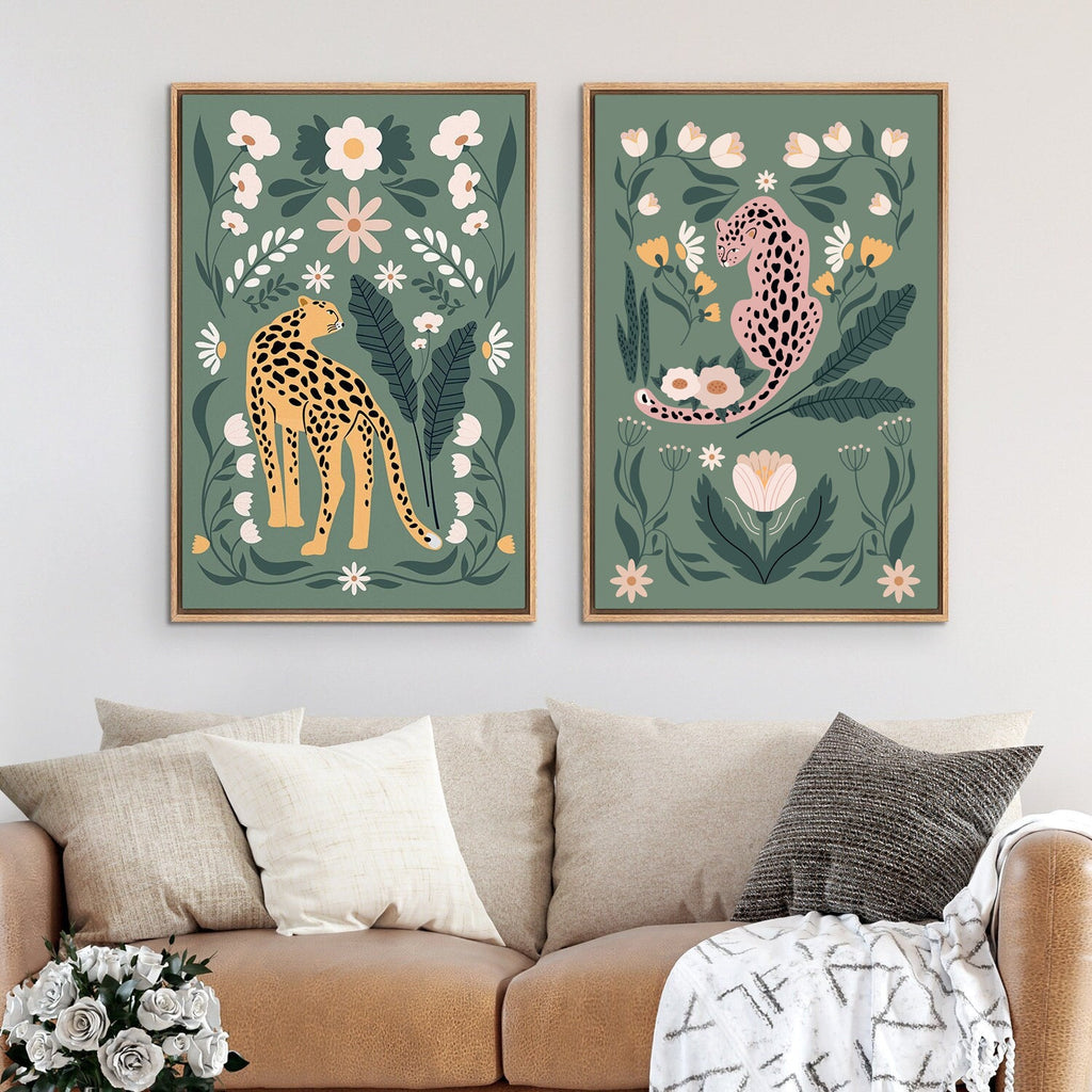 Framed Canvas Print Wall Art Set Cartoon Tiger Plant Bohemian Art Room Decoration Painting