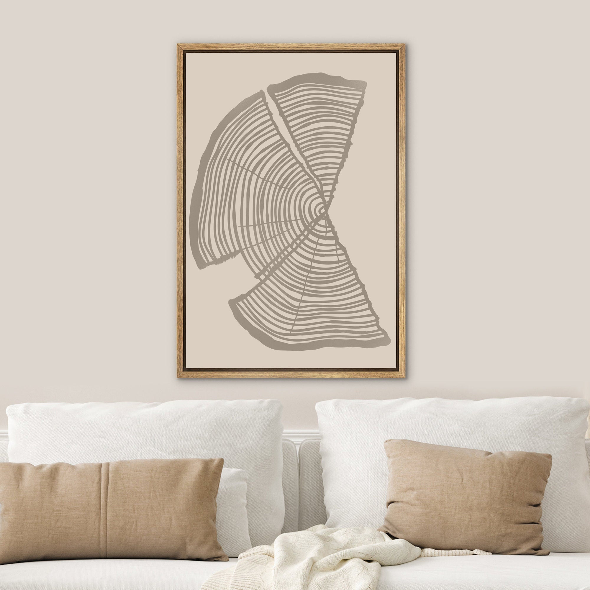 Framed Canvas Print Wall Art Set of 2 Pastel Beige Wood Tree Rings Abstract Illustrations Minimalist Modern Art Boho Decor