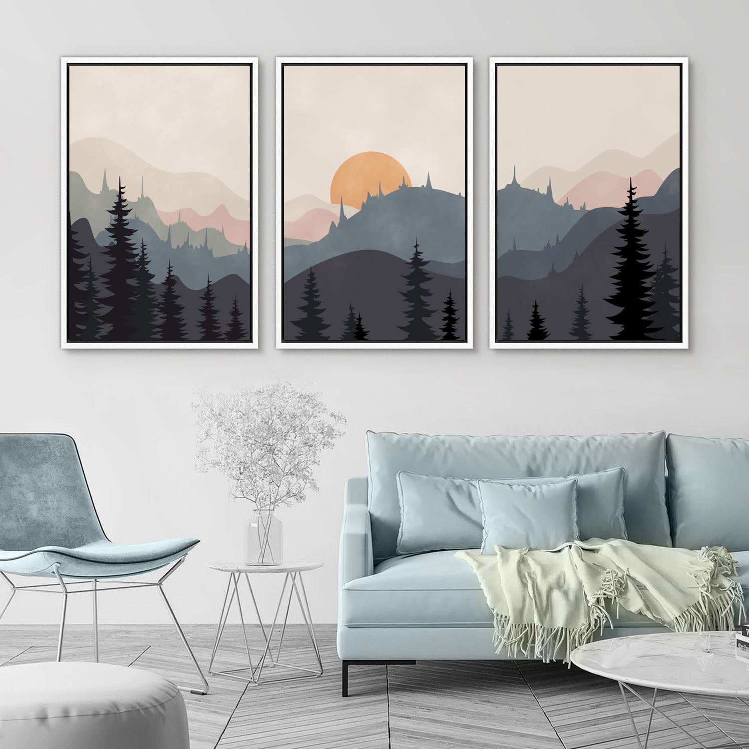 Framed Canvas Wall Art Set of 3 Sunset Forest Landscape Abstract Illustrations Prints Modern Art Minimalist Boho Wall Decor