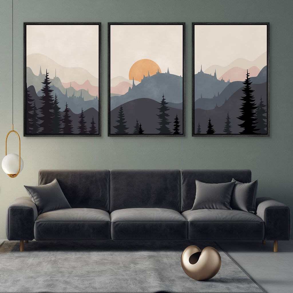 Framed Canvas Wall Art Set of 3 Sunset Forest Landscape Abstract Illustrations Prints Modern Art Minimalist Boho Wall Decor